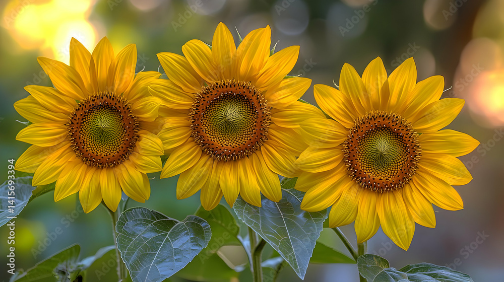 Obraz premium Three Bright Yellow Sunflowers In Sunlight