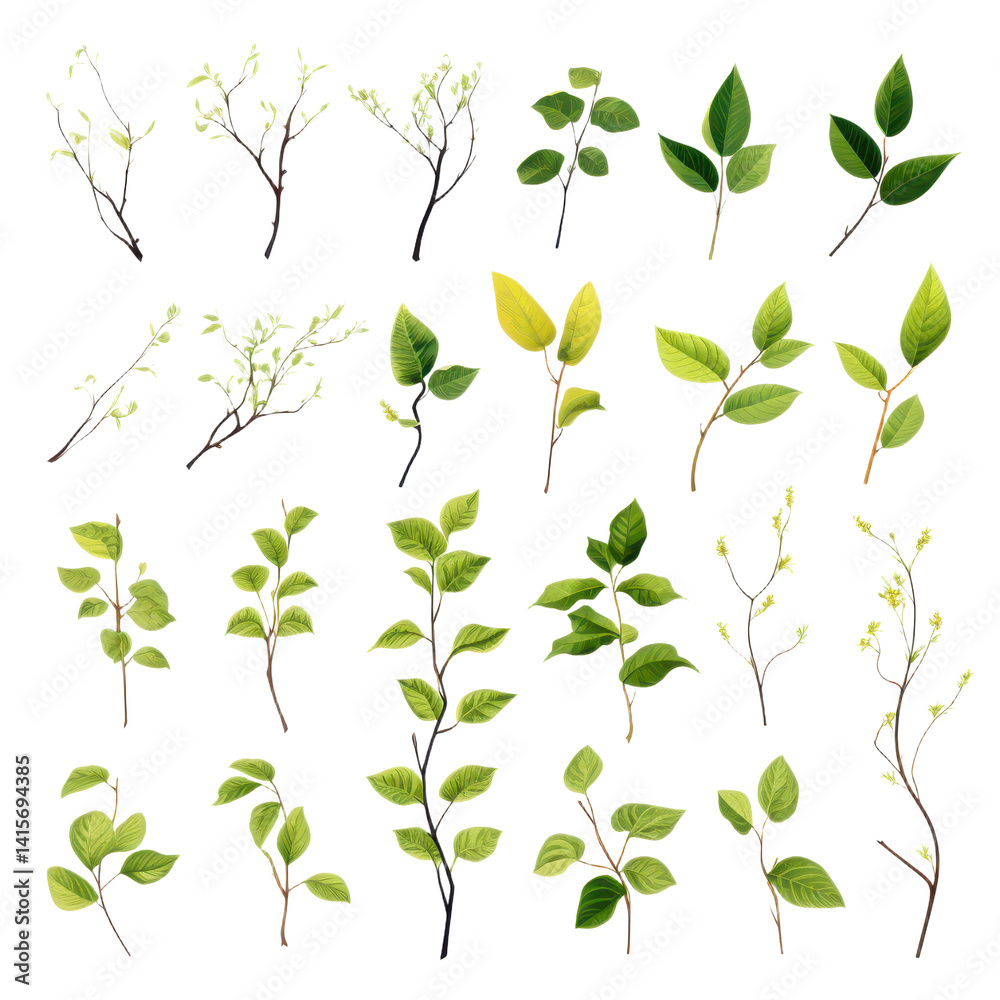 Set of twigs with spring green leaves isolated on transparent background. Set of twigs with spring green leaves isolated on transparent background.