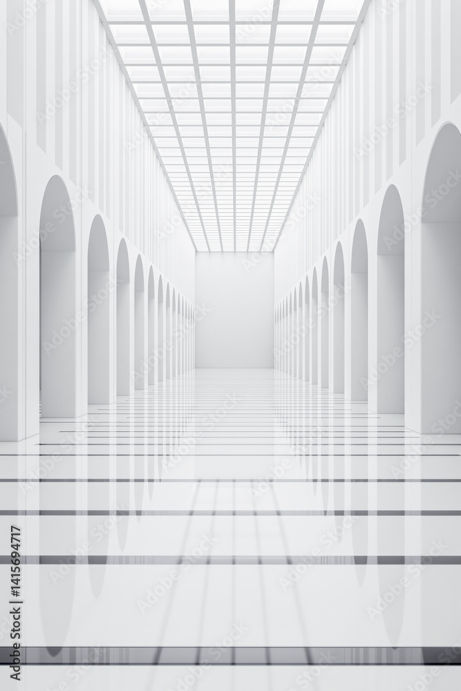 Obraz premium clean minimalist white hallway interior with arches and reflective floor