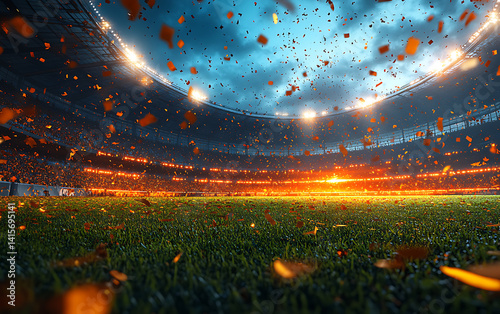 Stadium field with golden confetti and dramatic lighting at sunset sports championship concept
