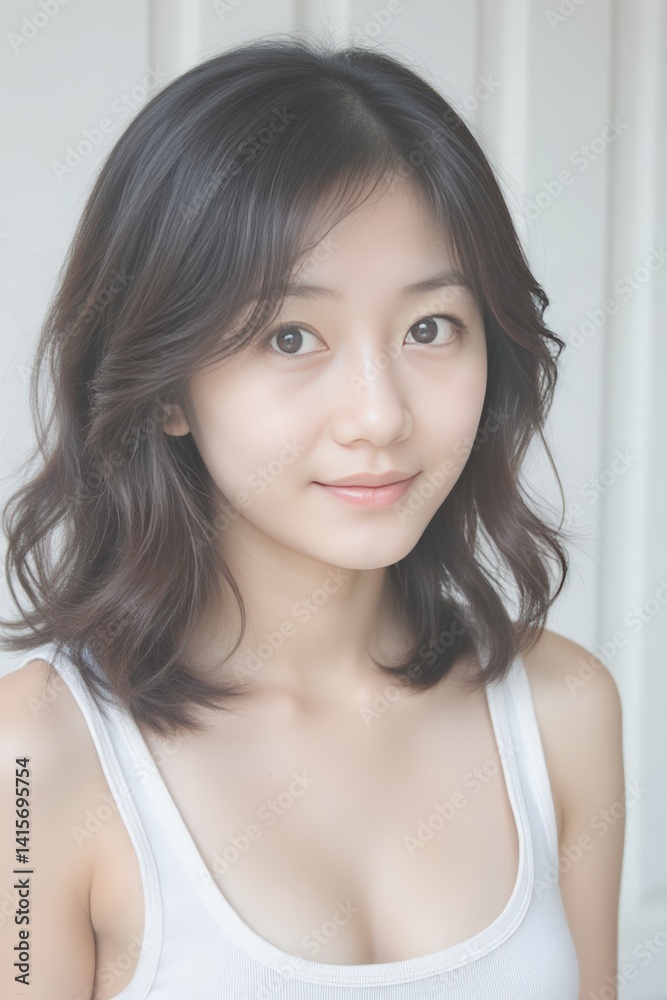 Young Asian Woman with Natural Makeup and Wavy Bob Hairstyle in White Tank Top, Portrait with Soft Lighting Young Asian Woman with Natural Makeup and Wavy Bob Hairstyle in White Tank Top, Portrait with Soft Lighting