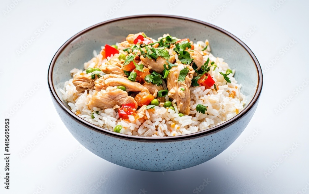 A light blue bowl filled with Hainanese chicken rice, garnished with parsley. The rice is white, and the chicken is light brown. The bowl is on a white background. A light blue bowl filled with Hainanese chicken rice, garnished with parsley. The rice is white, and the chicken is light brown. The bowl is on a white background.
