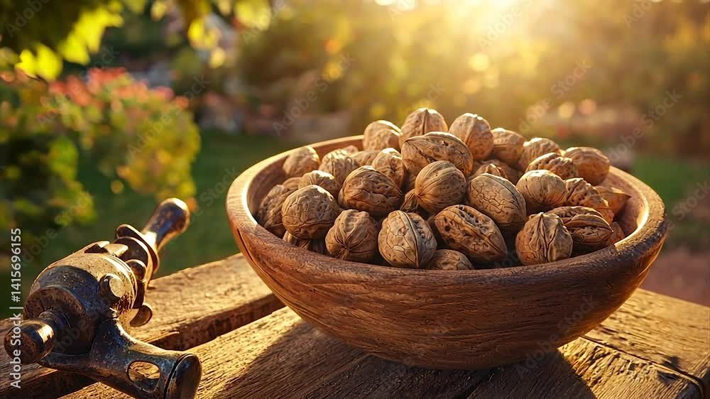 Freshly harvested walnuts in a rustic wooden bowl, bathed in warm sunlight