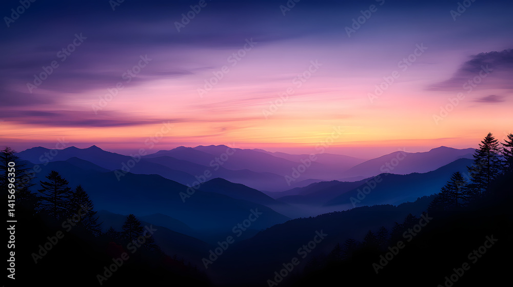 Fototapeta premium A peaceful mountain sunset with pastel colors in the sky and the silhouettes of distant peaks in the background.