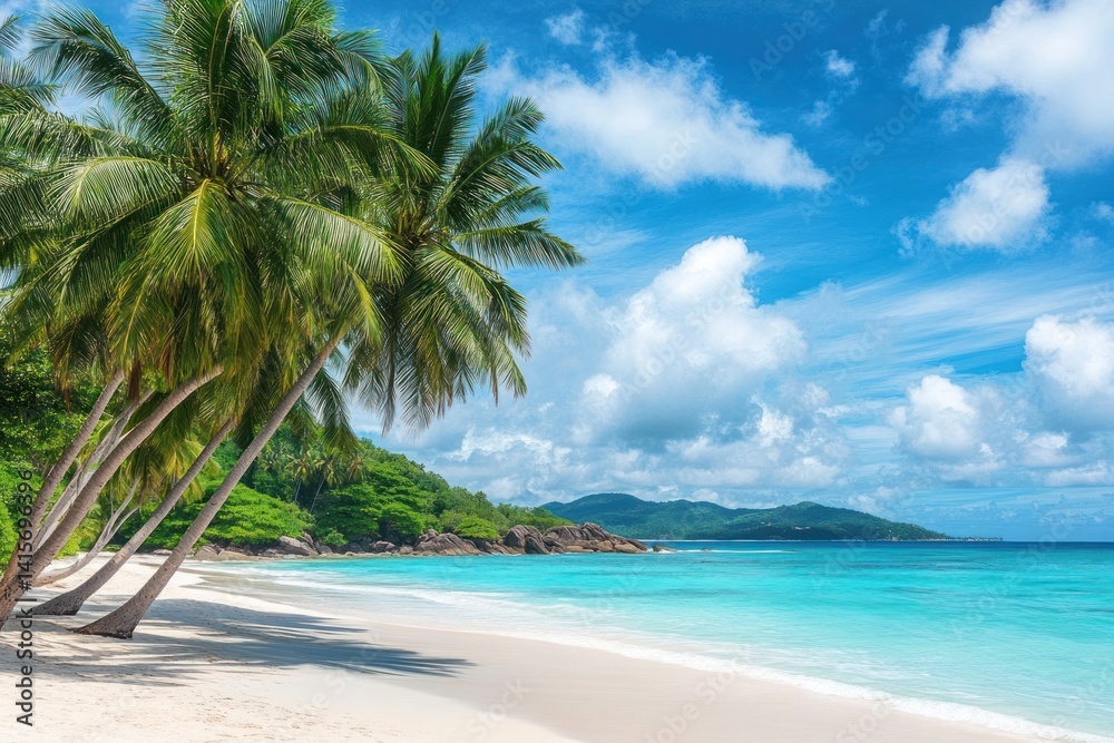 Obraz premium Tropical beach with palm trees white sand and turquoise water under blue sky.