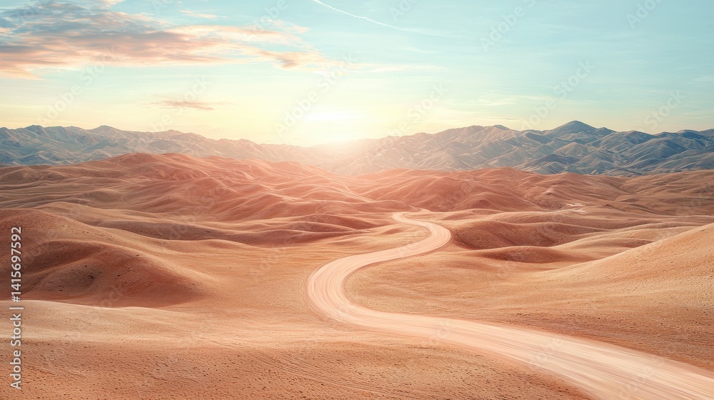 Naklejka premium Winding Desert Road at Sunset, Scenic Landscape with Mountains, Adventure, Travel and Journey