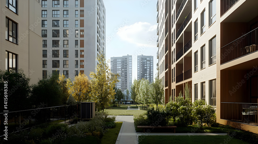 Modern Apartment Buildings With Courtyard And Green Spaces Modern Apartment Buildings With Courtyard And Green Spaces