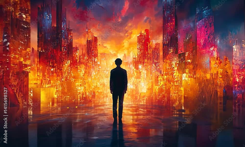 Silhouette of a person standing in a vibrant, abstract cityscape at sunset, reflecting colors Silhouette of a person standing in a vibrant, abstract cityscape at sunset, reflecting colors