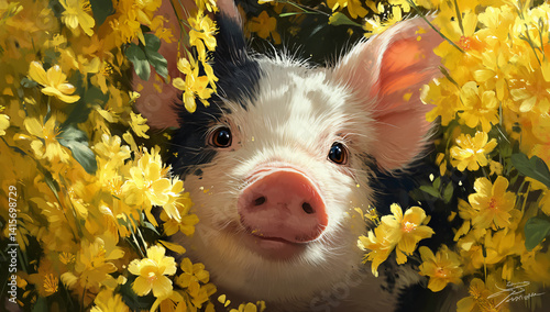 Adorable piglet nestled amongst vibrant yellow flowers, a cheerful scene filled with warmth and spring colors.