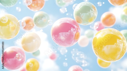 Colorful Floating Bubbles in a Bright Sky with Soft Clouds and Gentle Sunshine