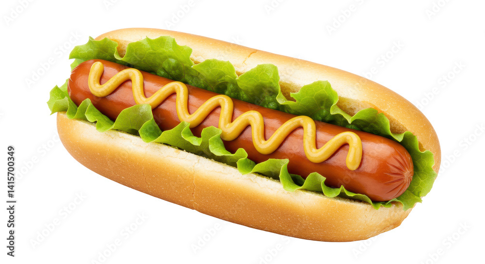 A close up of a hotdog with mustard and lettuce in a bun against a black background studio shot A close up of a hotdog with mustard and lettuce in a bun against a black background studio shot