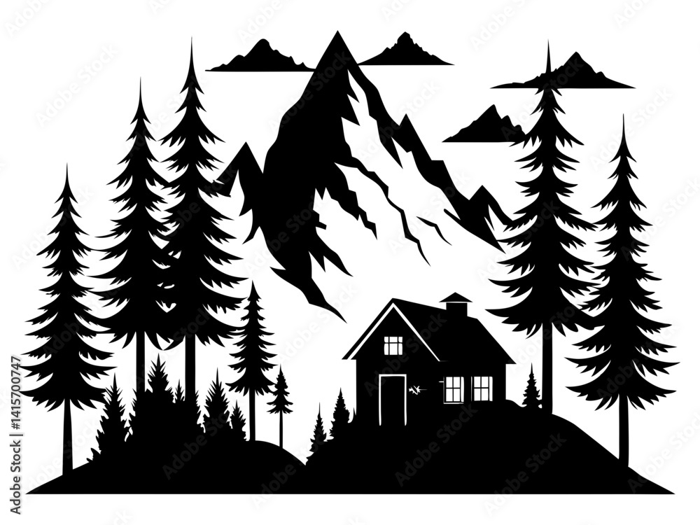 Obraz premium Small Home Mountain Forest Silhouette Vector