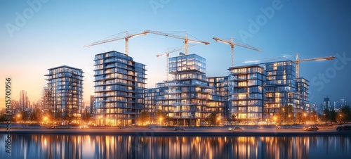 Modern urban skyline with illuminated construction cranes and skyscrapers reflecting in a calm waterfront at dusk.