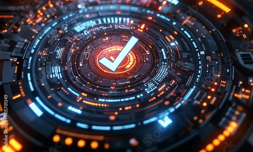 Wallpaper Mural Futuristic digital interface featuring a glowing checkmark, vibrant lights, and intricate patterns Torontodigital.ca