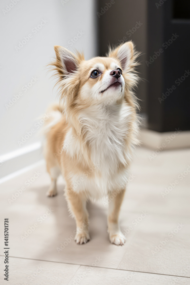 alert longhaired chihuahua puppy stands on a light beige floor alert longhaired chihuahua puppy stands on a light beige floor