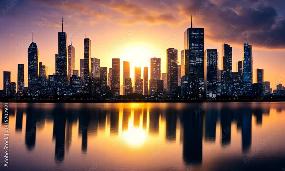 Stunning sunset over a vibrant city skyline reflecting on calm waters, showcasing urban beauty Stunning sunset over a vibrant city skyline reflecting on calm waters, showcasing urban beauty
