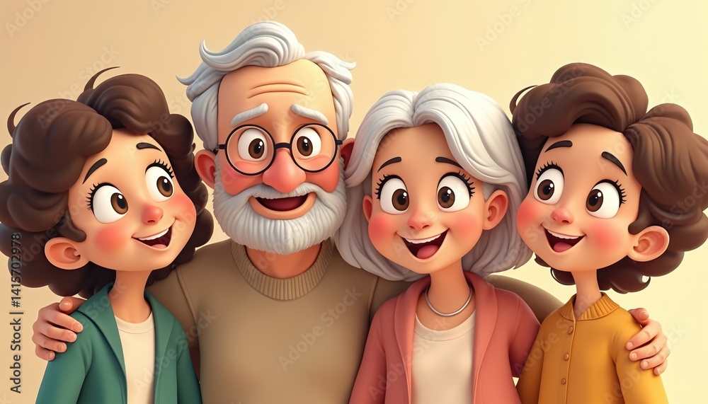 Fototapeta premium Cheerful animated illustration of happy family together. Grandparents, children and grandchildren smiling. Family love, bonding, cheerful cartoon characters. Family portrait, togetherness, home.