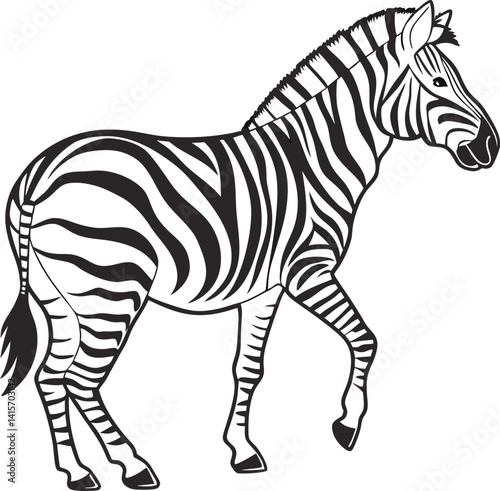 Black and White Zebra Illustration in Side Profile | 
Detailed Standing Zebra Line Art for Print and Design | Minimalist Zebra Drawing with Bold Stripe Patterns