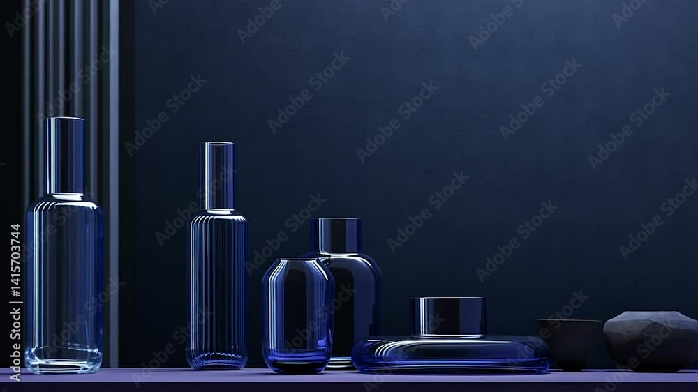 Deep blue glass objects on a purple surface