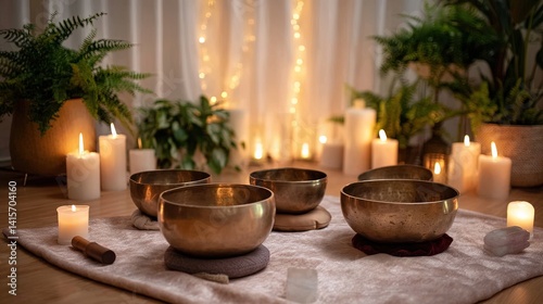 Himalayan Singing Bowls on Soft Mat with Glowing Candles, Creating a Peaceful Atmosphere for Yoga and Meditation