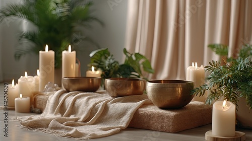 Himalayan Singing Bowls on Soft Mat with Glowing Candles, Creating a Peaceful Atmosphere for Yoga and Meditation