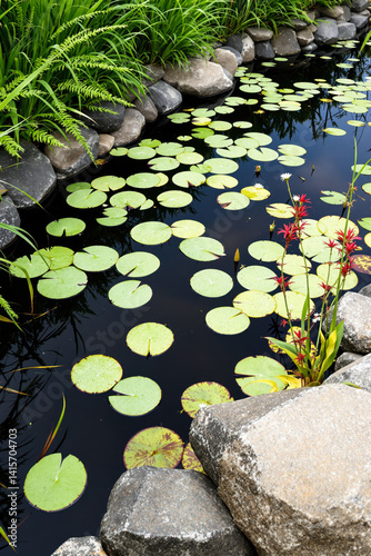 green lily pads and red flowers in a serene pond