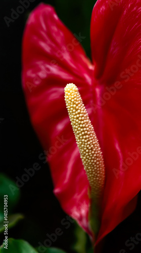 close-up of a vibrant red anthurium flower with a creamy yellow spadix