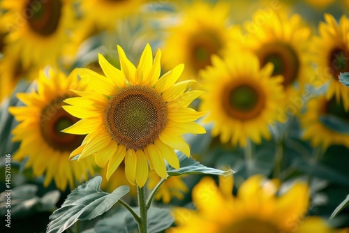 A close-up of sunflowers in a field, bathed in the warm glow of the autumn sun, Fields of sunflowers basking in the autumn sun