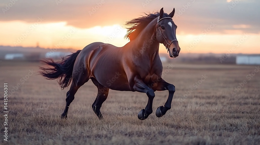Powerful horse galloping freely across an open field its mane flowing in the wind against a dramatic sunset Powerful horse galloping freely across an open field its mane flowing in the wind against a dramatic sunset