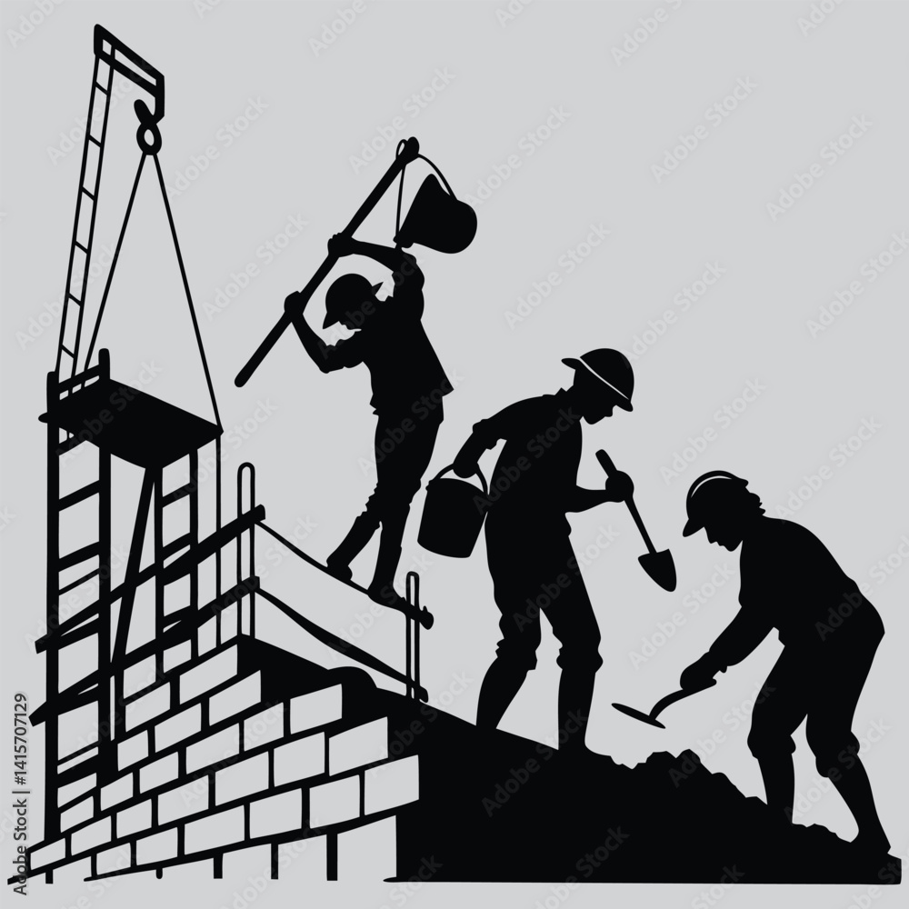Fototapeta premium Teamwork on construction site image silhouette design vector art and illustration