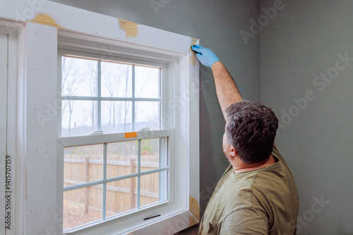 Φωτογραφία Carpenter patching holes in window trim while preparing for renovation in room i