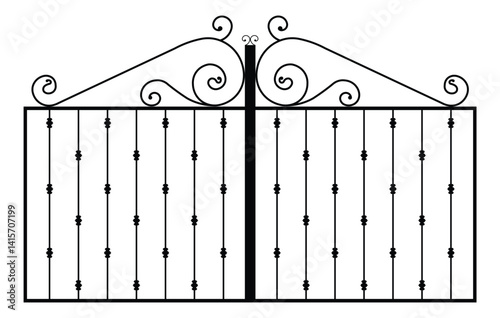 Symmetrical double wrought iron gates with ornate scrollwork, vertical bars, and repeating motifs. Classic, elegant black-and-white vector illustration, front view. Traditional craftsmanship