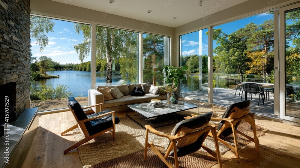Fototapeta premium Modern Lakeside Living Room with Scenic Views and Natural Lighting