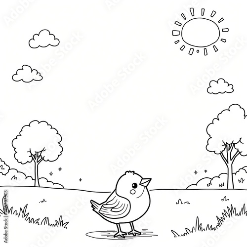 Bird in nature coloring page for kids, simple line art illustration for children's activity book