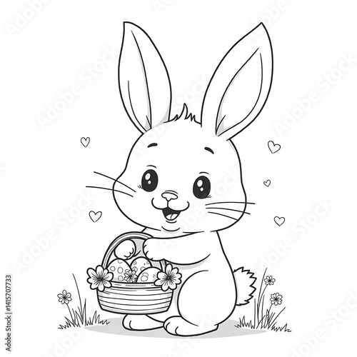 Easter bunny coloring page cute rabbit with eggs basket for kids printable activity sheet black and white