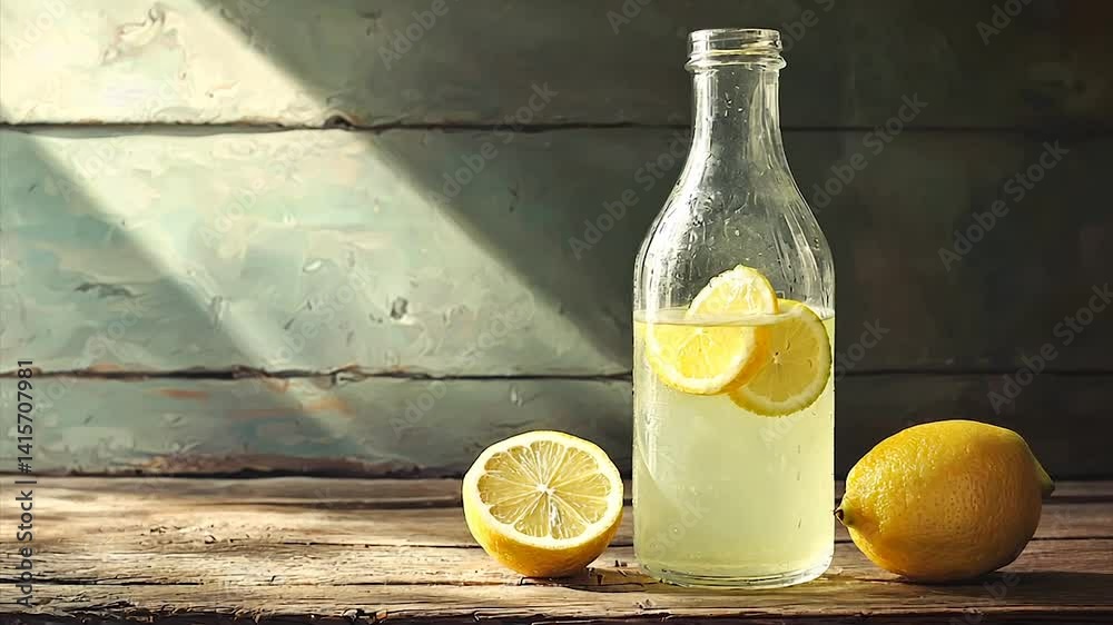 Refreshing Lemon Drink in Glass Bottle