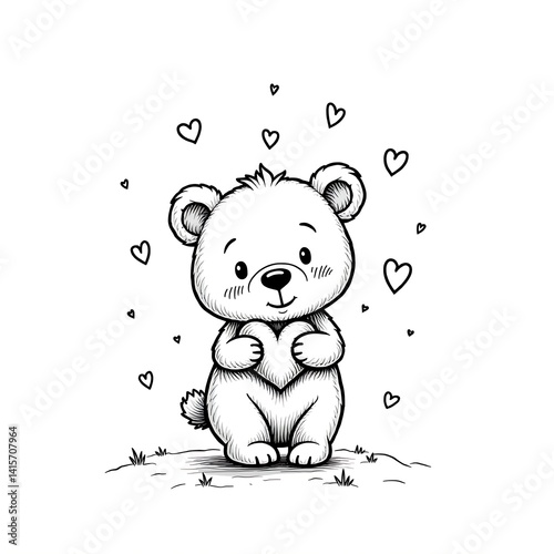 Cute bear holding heart drawing vector illustration for valentine's day greeting card and love theme