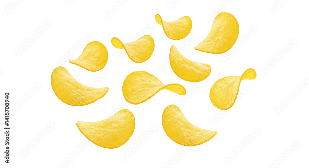Isolated potato chips scattered on a black background in a simple still life composition view Isolated potato chips scattered on a black background in a simple still life composition view