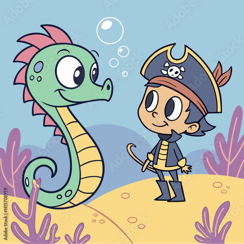Cartoon baby sea serpent and young pirate form an unlikely friendship in this cute, whimsical illustration.