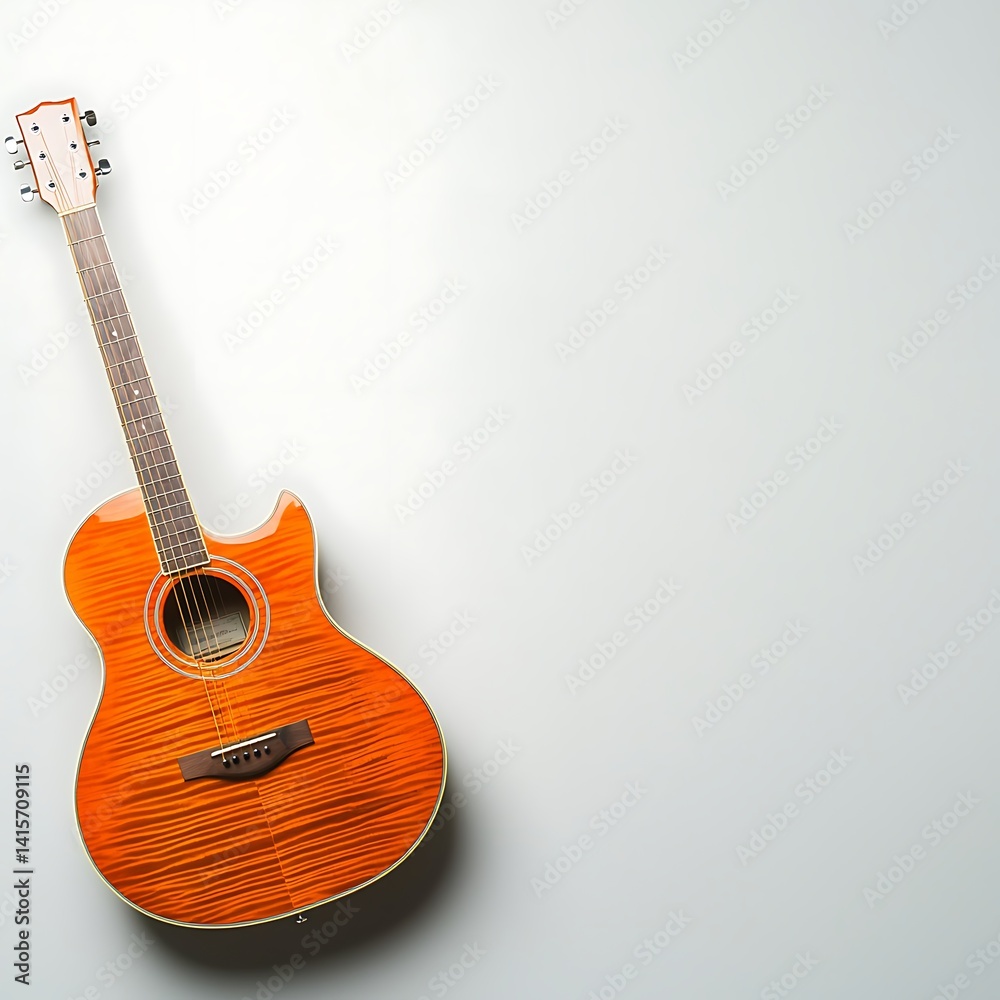 Obraz premium Acoustic guitar on a light background showcasing vibrant wood texture and design