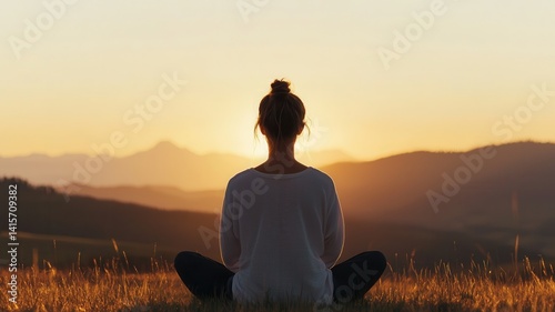 Global wellness day with healing and health concept. Person meditating in nature during sunset with mountains in background.