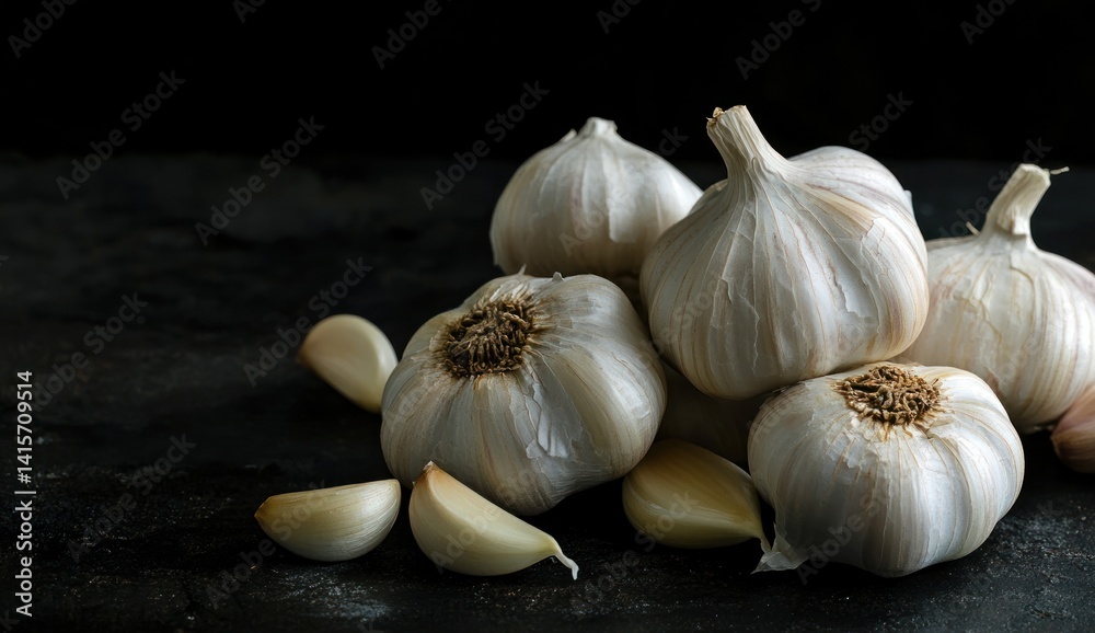 Garlic bulbs and cloves piled on a dark surface against a dark background. Garlic bulbs and cloves piled on a dark surface against a dark background.