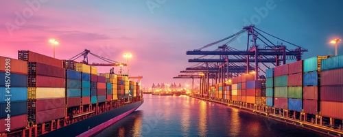 Wallpaper Mural Sunset view of a busy shipping port with colorful containers and cranes against a vibrant sky. Torontodigital.ca