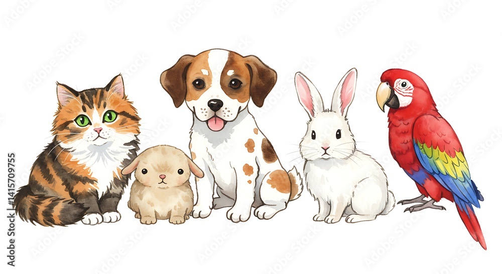 Naklejka premium Watercolor Pet Friends – Cat, Dog, Rabbit & Parrot on White Background