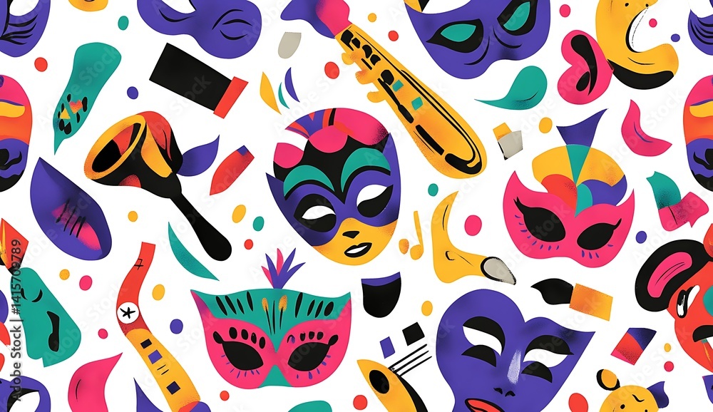 colorful masks, confetti, and festive musical instruments in bold colors like purple, reds, and yellows,l colorful masks, confetti, and festive musical instruments in bold colors like purple, reds, and yellows,l