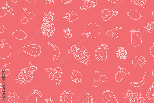 Seamless pattern of fresh vitamin products, fruits and berries on a pink background. Healthy eating in doodle style. Natural organic food. Vector linear icons