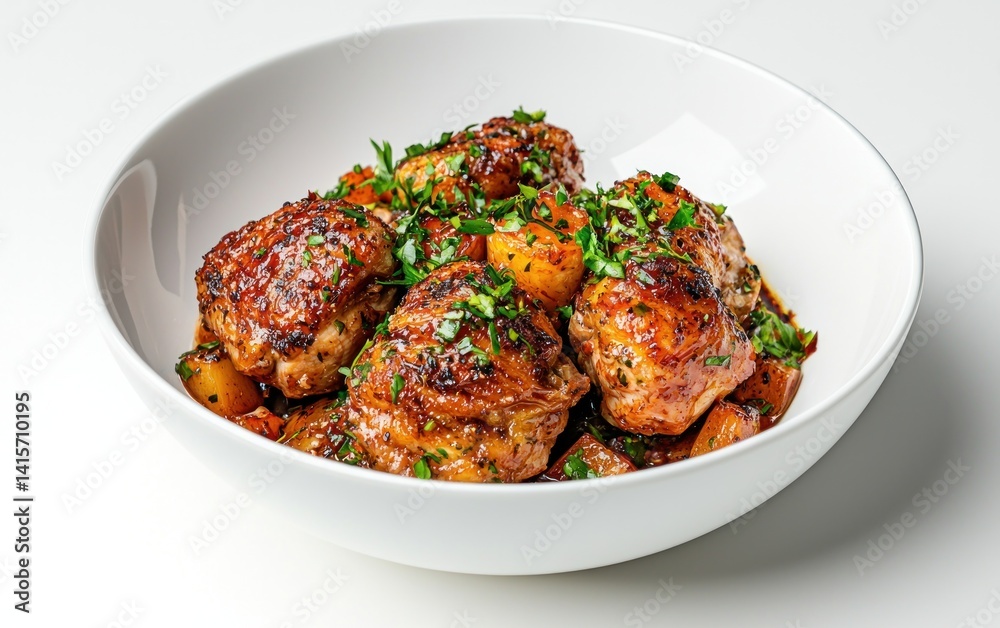 Close-up of braised chicken pieces and potatoes in a white bowl, garnished with fresh herbs. The chicken has a rich, brown glaze. The image is brightly lit against a solid white background Close-up of braised chicken pieces and potatoes in a white bowl, garnished with fresh herbs. The chicken has a rich, brown glaze. The image is brightly lit against a solid white background