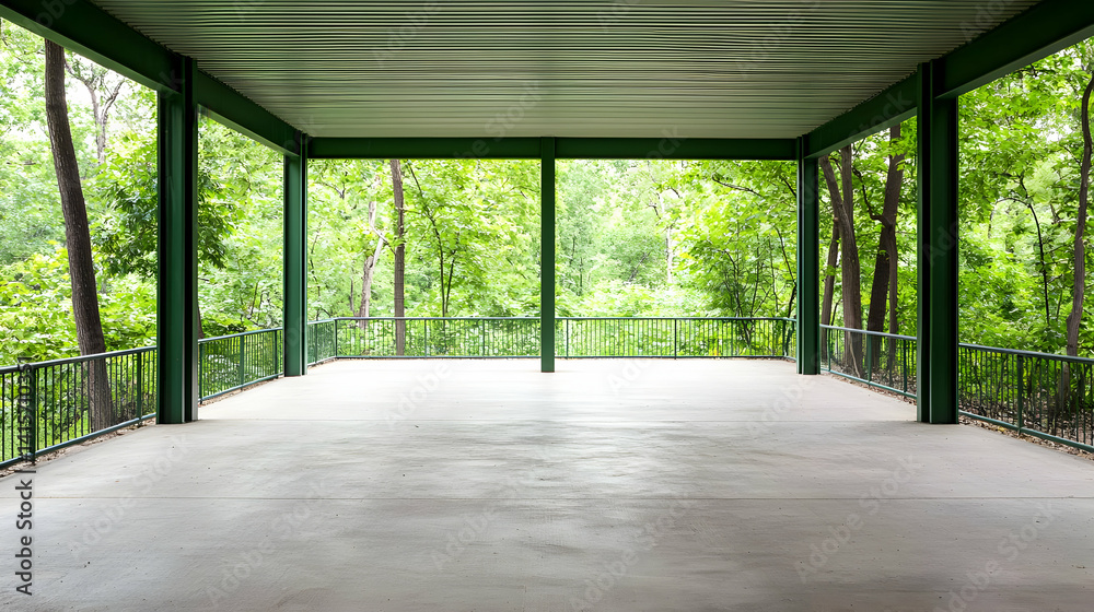 Fototapeta premium Empty Green Pavilion With Forest View