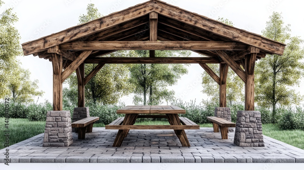 Rustic Wooden Pavilion with Picnic Table in a Green, Tranquil Park Setting Rustic Wooden Pavilion with Picnic Table in a Green, Tranquil Park Setting