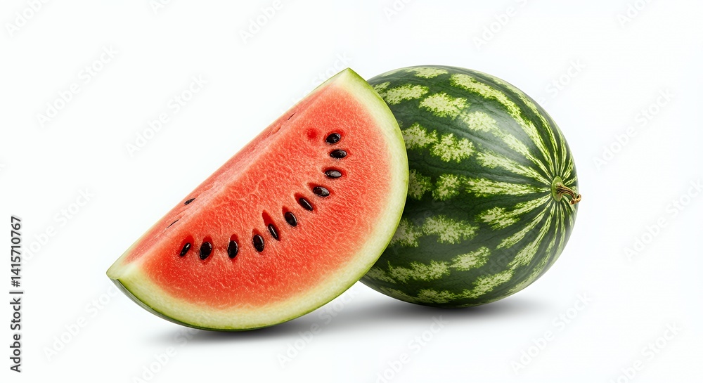 Fresh watermelon slice and whole fruit isolated on white background Fresh watermelon slice and whole fruit isolated on white background